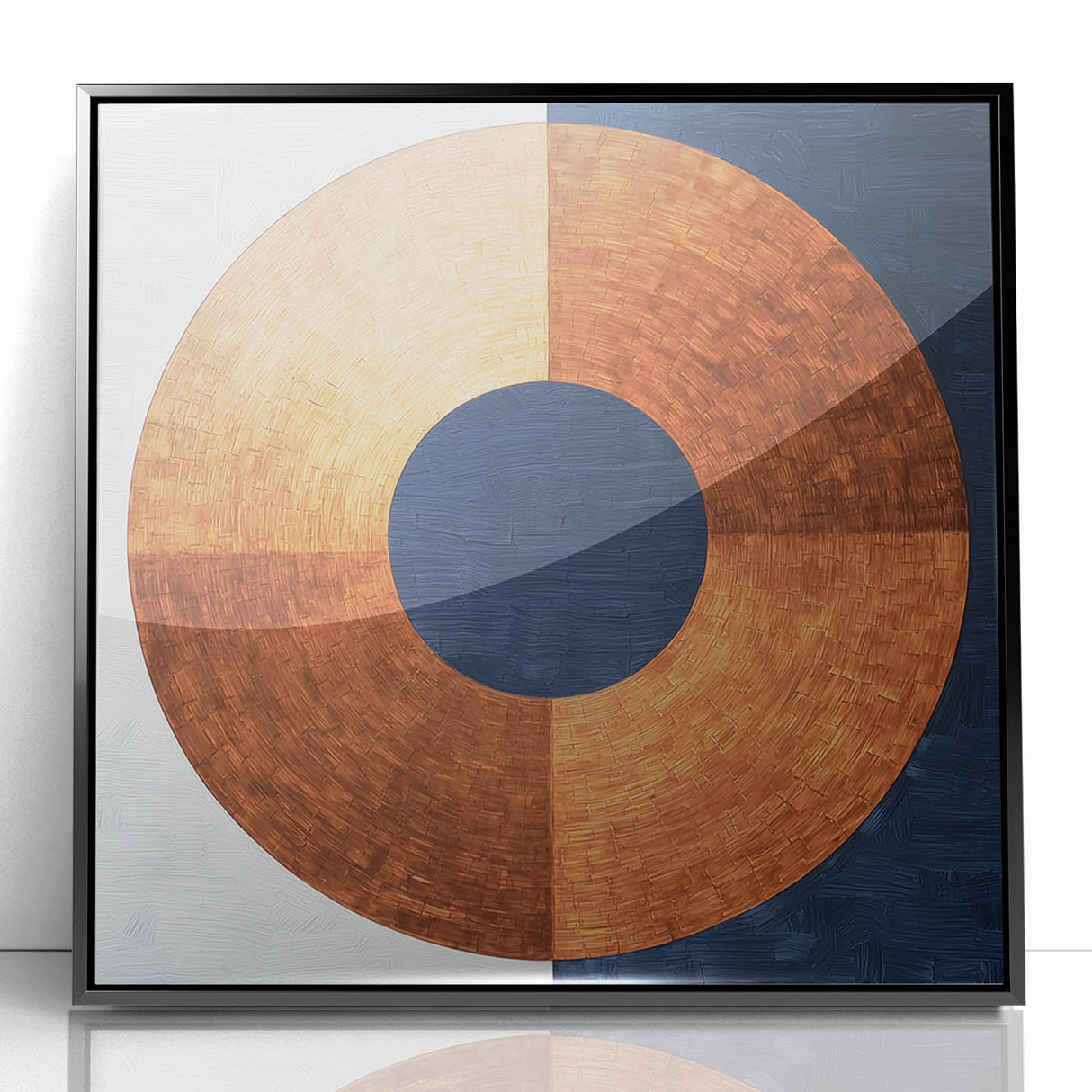 Abstract geometric wall art in a black frame, featuring bold shapes and contrasting colors, ideal for modern home decor and artistic expression.