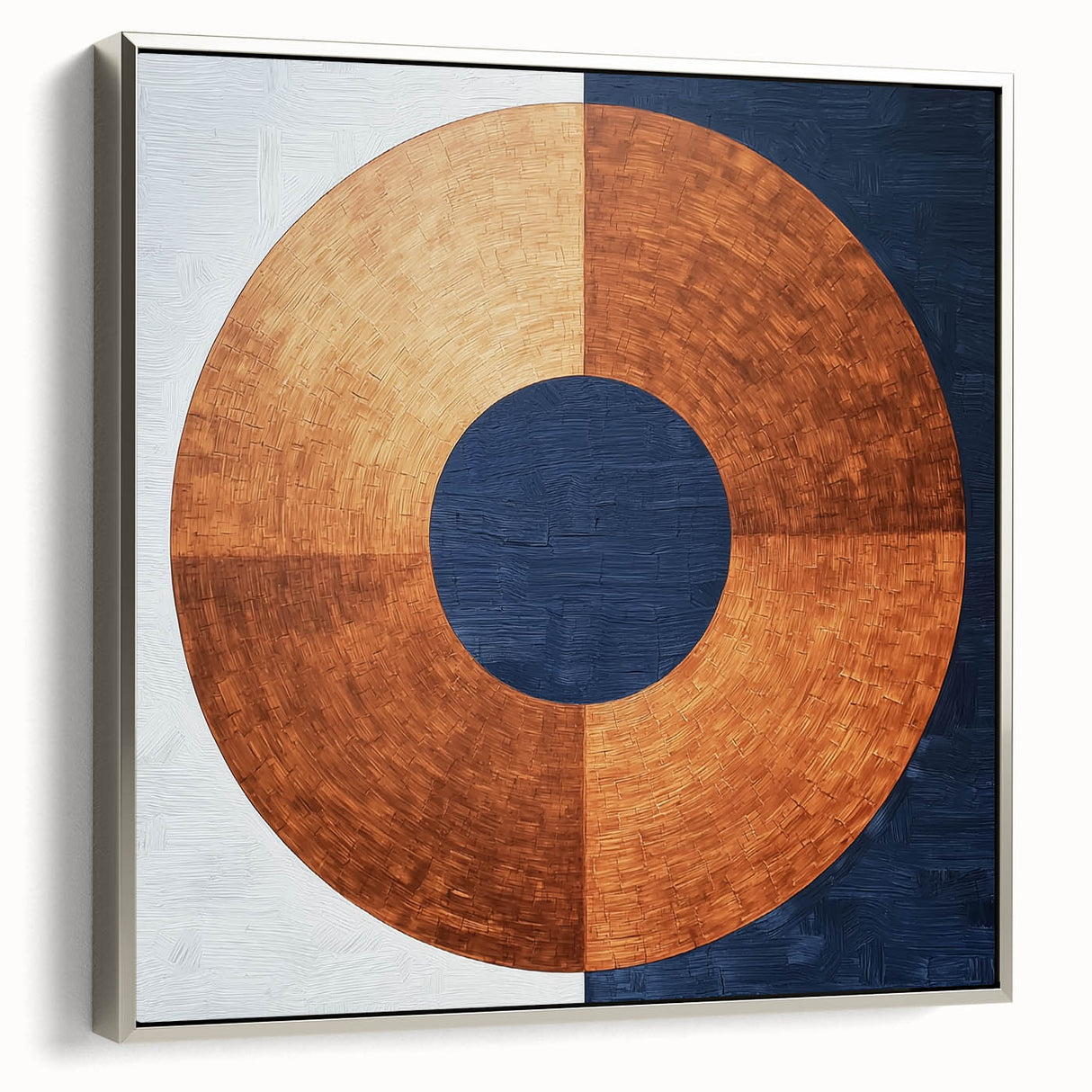 Abstract geometric framed canvas art in silver showcasing intricate patterns and modern design, perfect for contemporary home decor. The side view highlights its sleek frame and artistic details, adding elegance to any space.