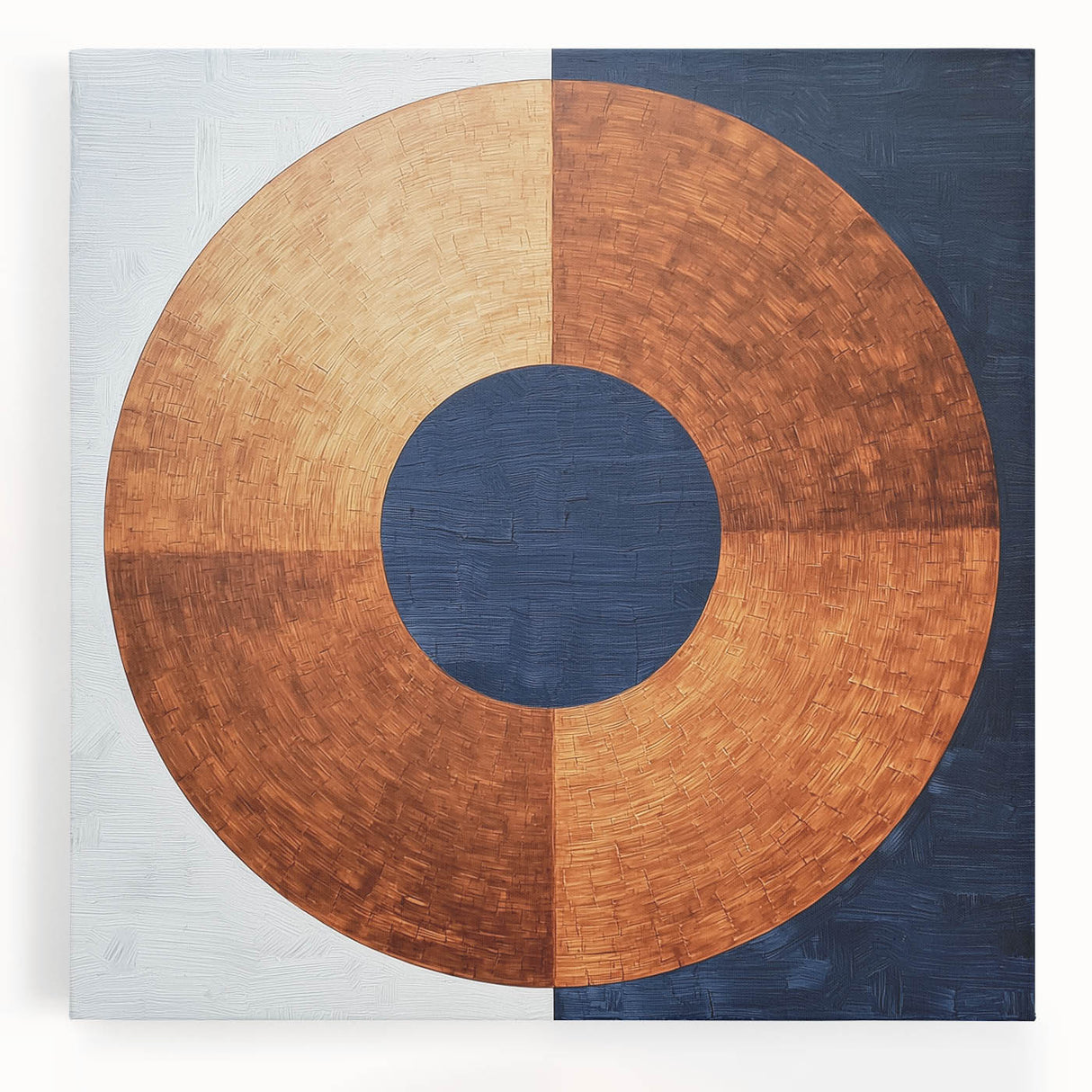 Abstract geometric stretched canvas artwork featuring vibrant blue and orange shapes, ideal for modern home decor. This eye-catching piece adds a contemporary touch to any room and is perfect for art enthusiasts looking to enhance their space.
