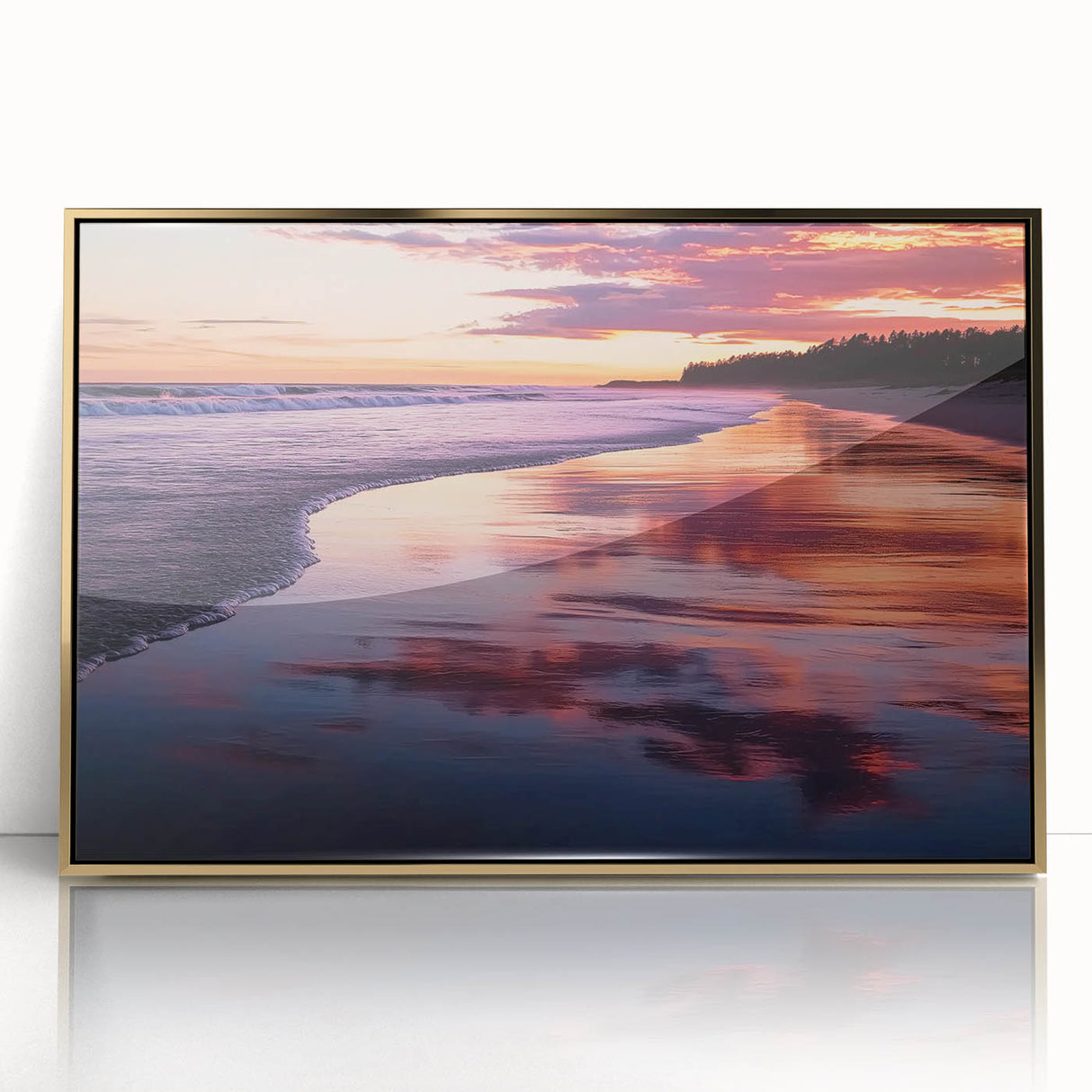 Framed acrylic artwork showcasing a serene beach landscape with golden hues, perfect for coastal home decor. Ideal for enhancing living spaces with a tranquil vibe.
