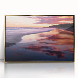 Framed acrylic artwork showcasing a serene beach landscape with golden hues, perfect for coastal home decor. Ideal for enhancing living spaces with a tranquil vibe.
