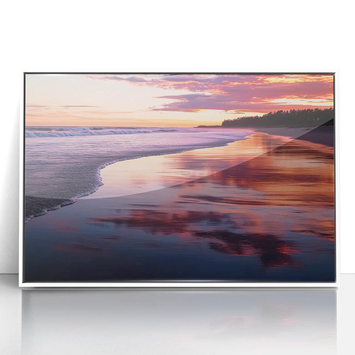 Framed acrylic wall art depicting a serene beach landscape with vibrant colors, set in a sleek white frame, perfect for enhancing modern home decor.