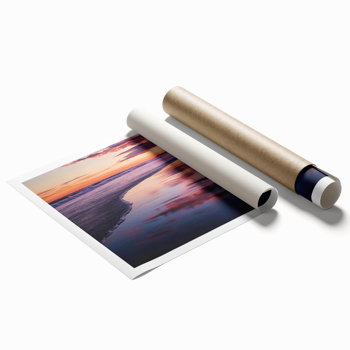 Rolled print showcasing a serene beach landscape with soft pastel colors and gentle waves, elegantly packaged in a protective cardboard tube for safe shipping.
