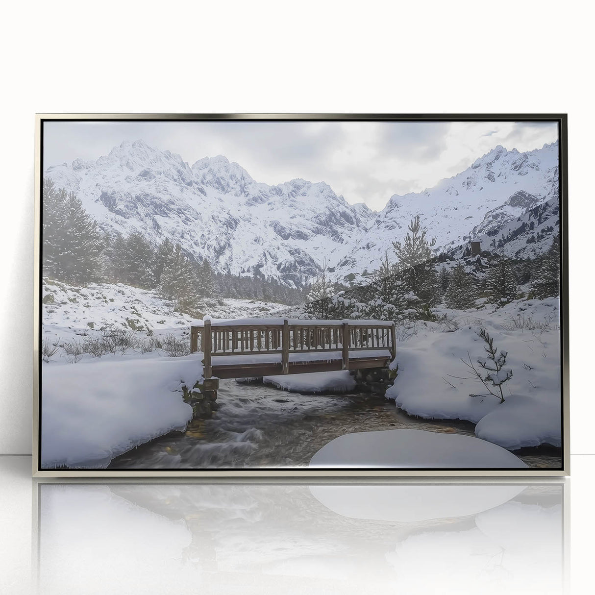 Framed acrylic artwork showcasing a stunning landscape bridge with silver accents, set against a vibrant natural backdrop, perfect for modern home decor.