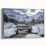 Framed canvas art print of a serene landscape bridge scene, featuring silver accents and a detailed view showcasing reflection in water, ideal for home decor.