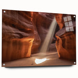 Acrylic glass artwork showcasing a stunning landscape of canyons in vibrant colors, displayed from a side view and secured with decorative pins. Ideal for modern home decor.
