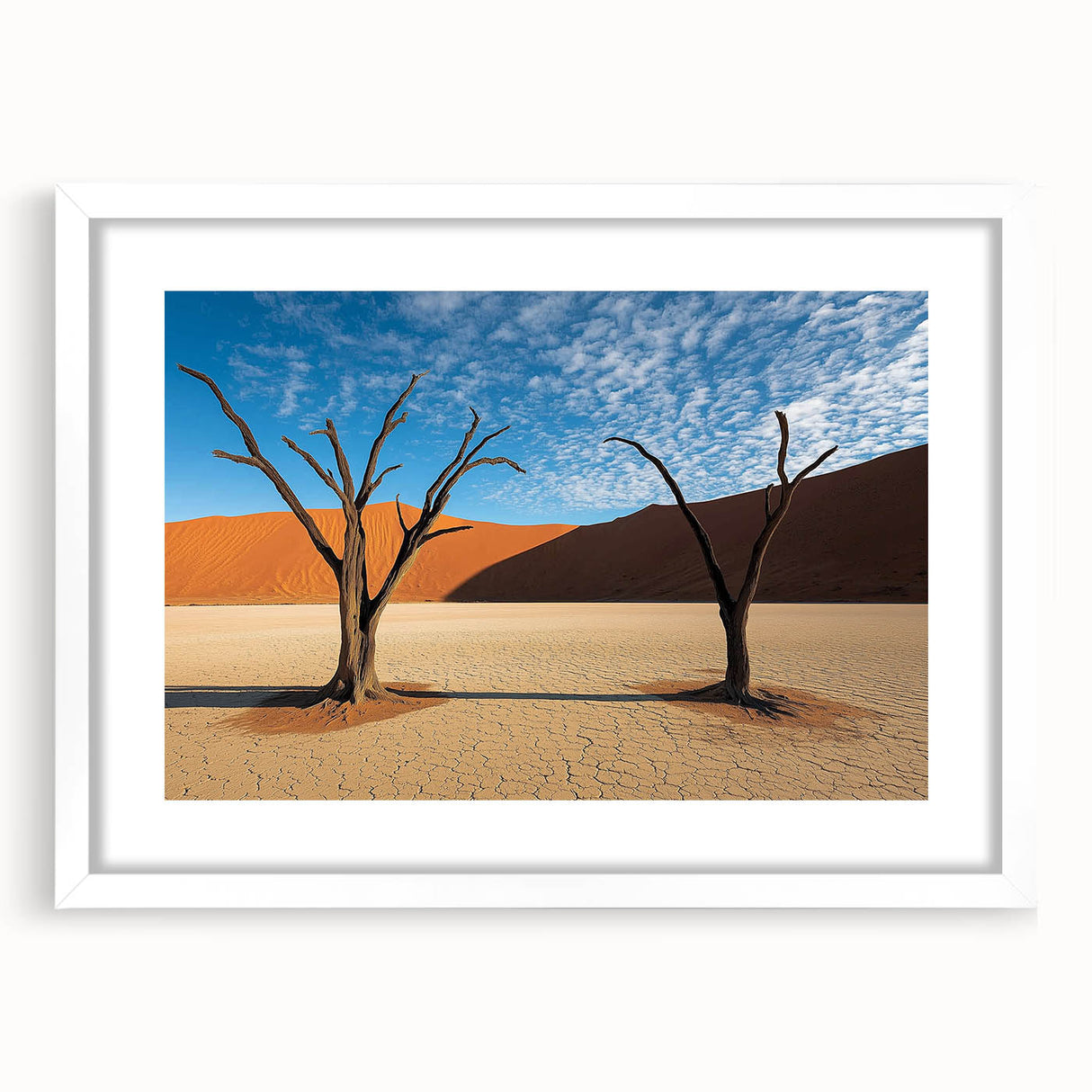 Desert landscape framed artwork with a white mat, showcasing warm tones of orange and brown in a serene desert scene, perfect for modern home decor.
