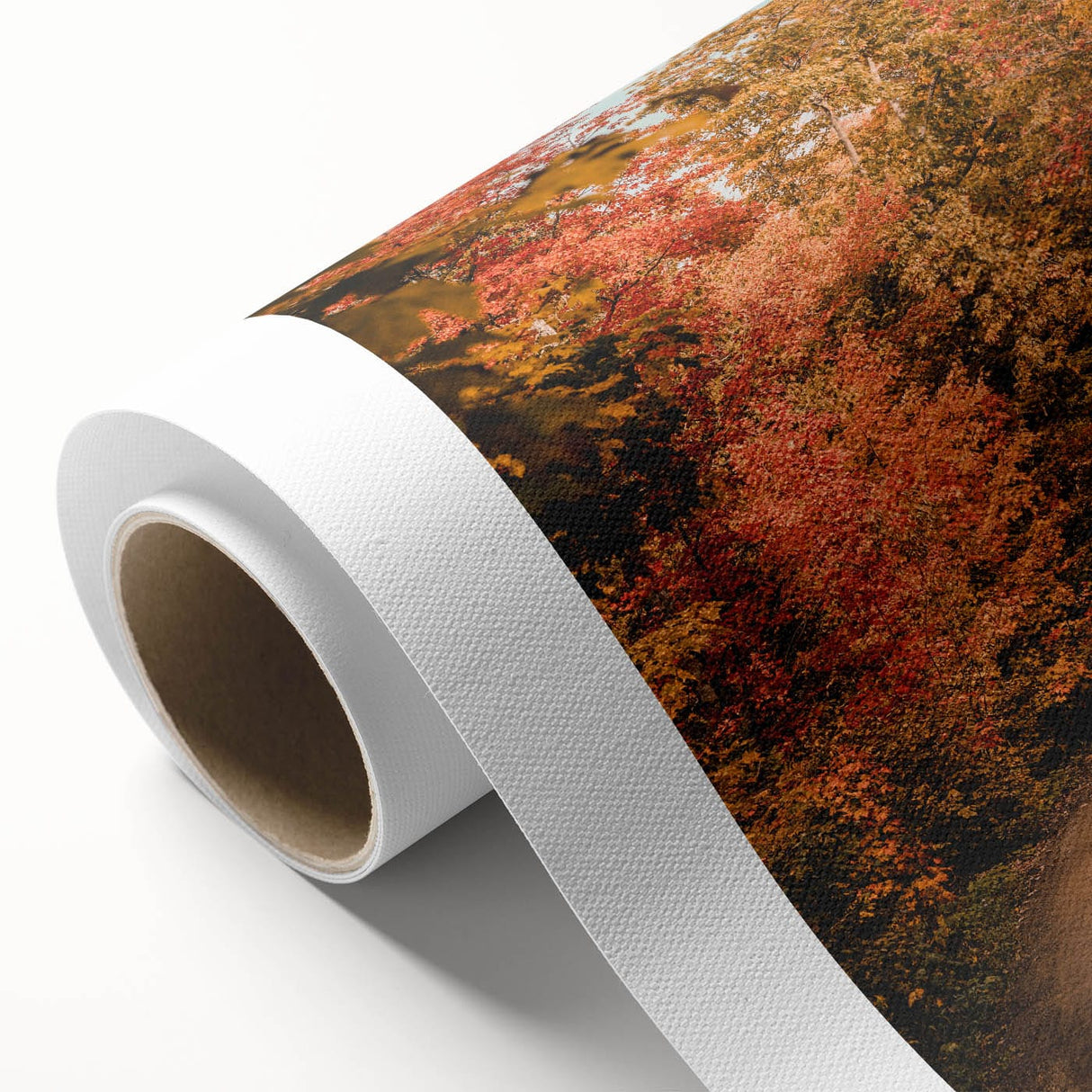 Art deco poster of an abstract fall scene in orange and brown tones on rolled canvas, ideal for nursery wall art.