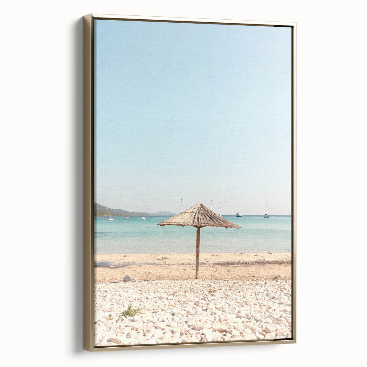 Framed canvas depicting a vintage landscape painting with lush greenery and a river, ideal for bedroom wall art.