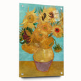 Acrylic print of a large abstract painting with swirls in blue and yellow, ideal for bedroom or dining room decor.