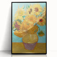 Large abstract wall art print featuring swirling blue and yellow patterns on acrylic, framed in black.