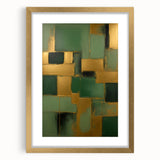 Abstract wall art print featuring vibrant, flowing strokes in shades of blue, gold, and white, framed elegantly with a matte finish, ideal for modern decor.