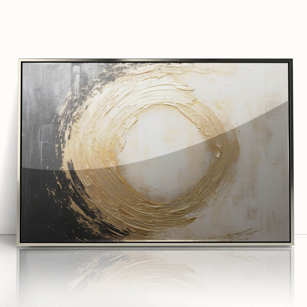 Framed wall art showcasing an abstract design with bold silver strokes on a neutral background, perfect for modern home decor. Ideal for enhancing living spaces.