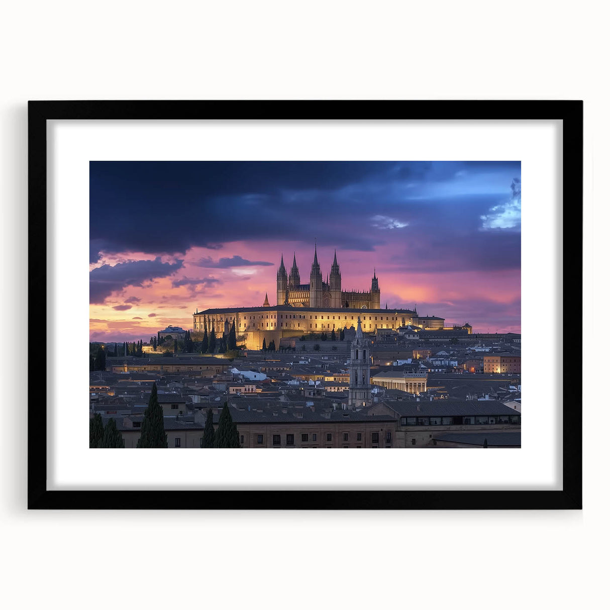 Black-framed landscape artwork featuring a serene castle scene, elegantly matted for a polished look. Ideal for home decor, adding a touch of sophistication.