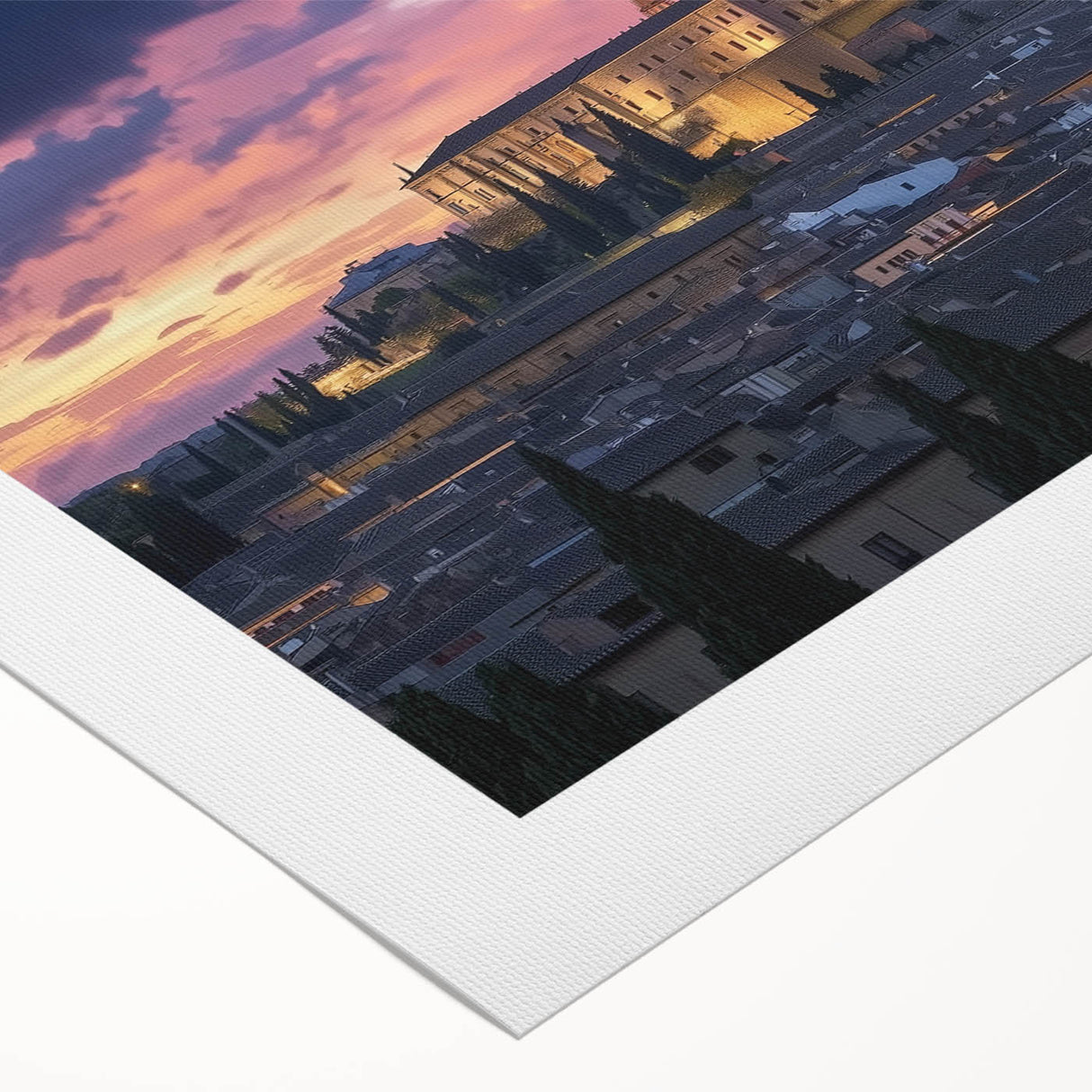Rolled canvas artwork depicting a vibrant landscape with an enchanting castle, showcasing rich colors and intricate details, securely packaged in a protective tube.