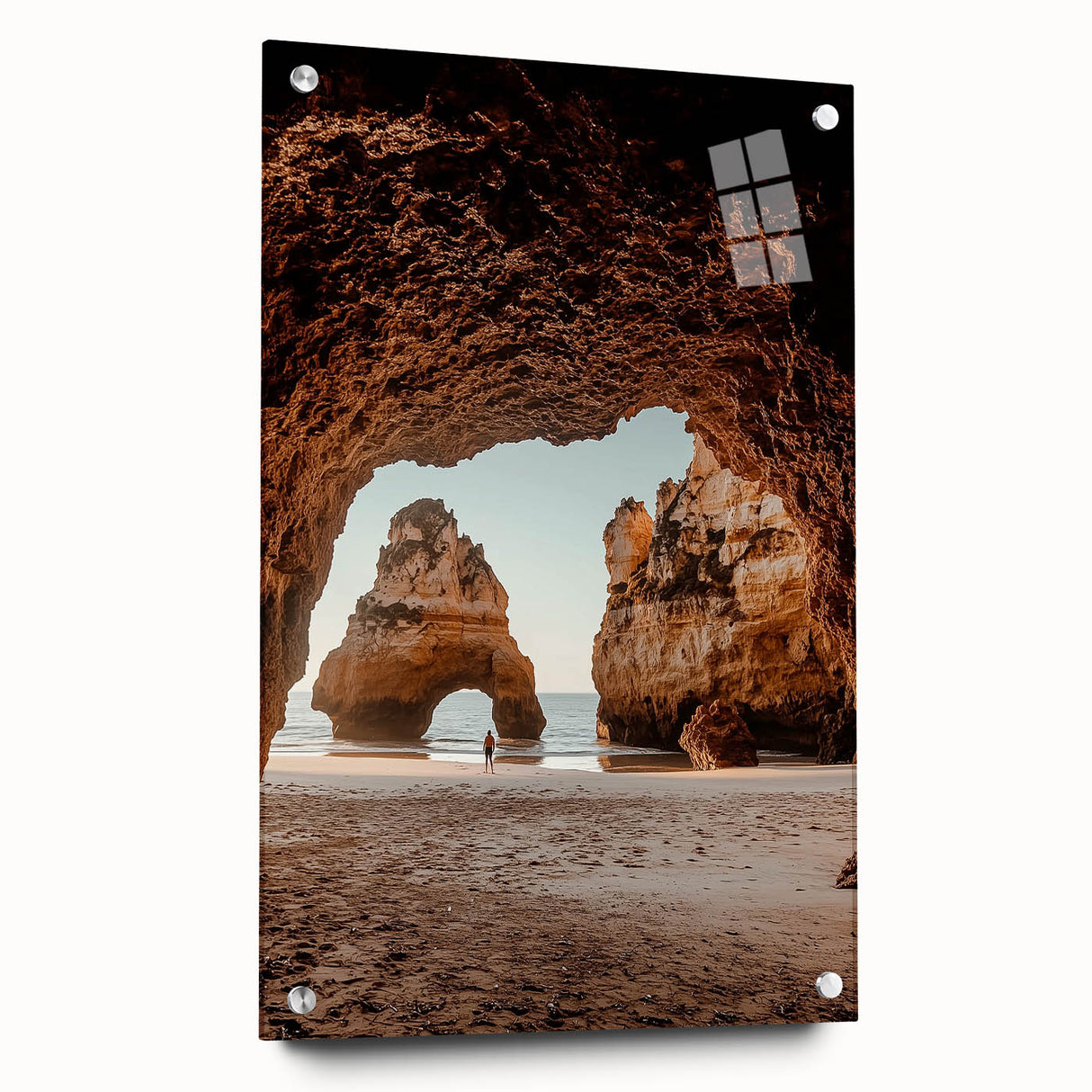 Acrylic glass artwork showcasing a detailed side view of a vibrant landscape with caves, meticulously pinned for display, perfect for modern home decor enthusiasts.