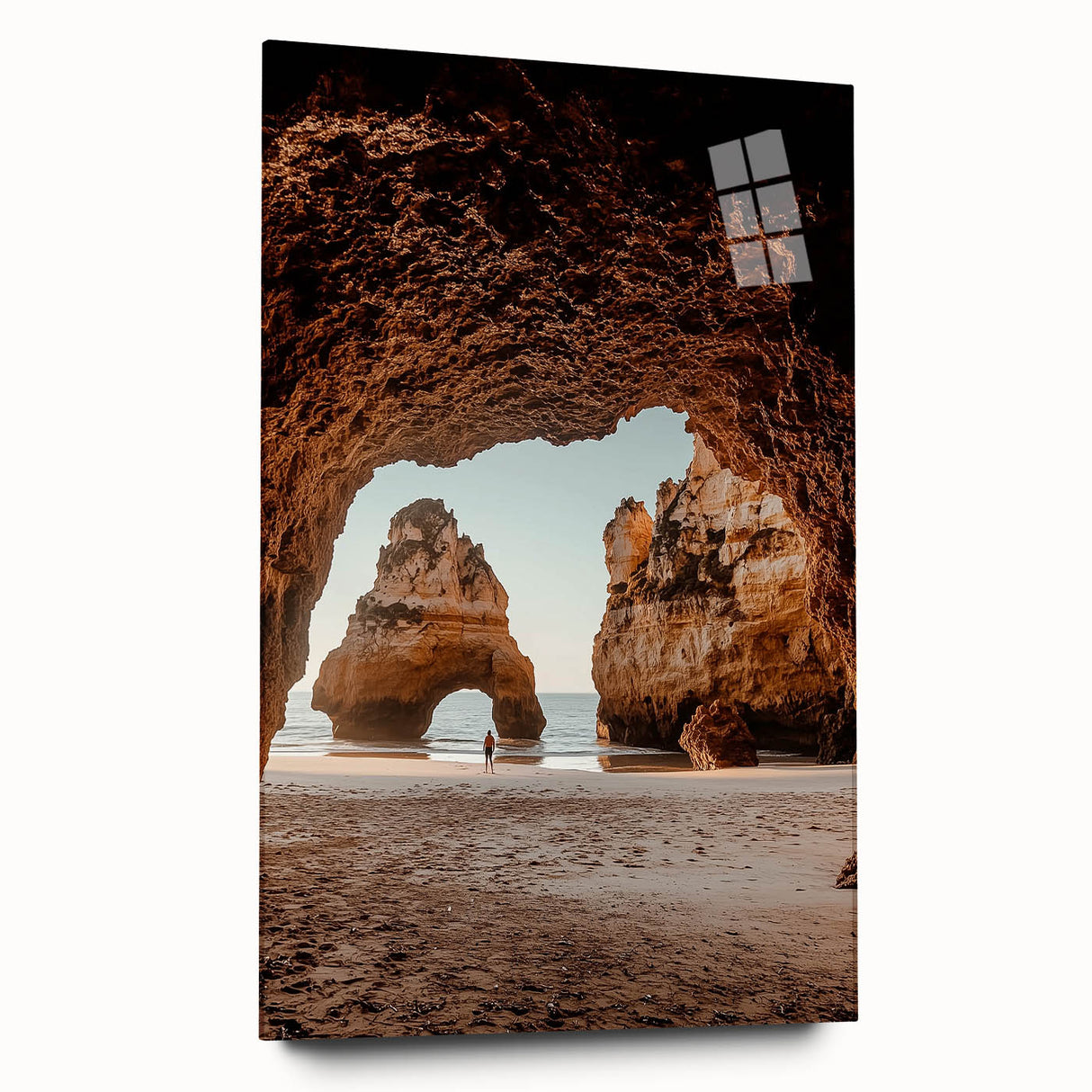 Acrylic glass artwork showcasing a stunning cave landscape design, featuring rich colors and intricate details, ideal for modern home decor. Displayed from a side view without pins, highlighting its elegant finish and contemporary appeal.