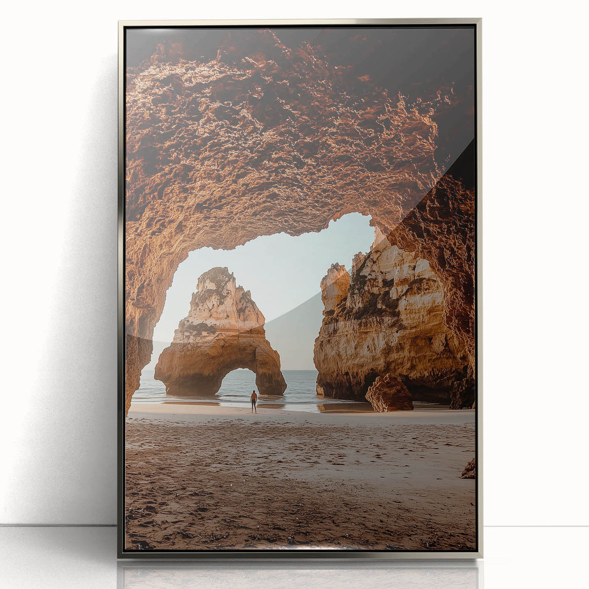 Framed acrylic artwork showcasing a stunning cave landscape design with silver accents, highlighting intricate details and vibrant colors, perfect for home decor.
