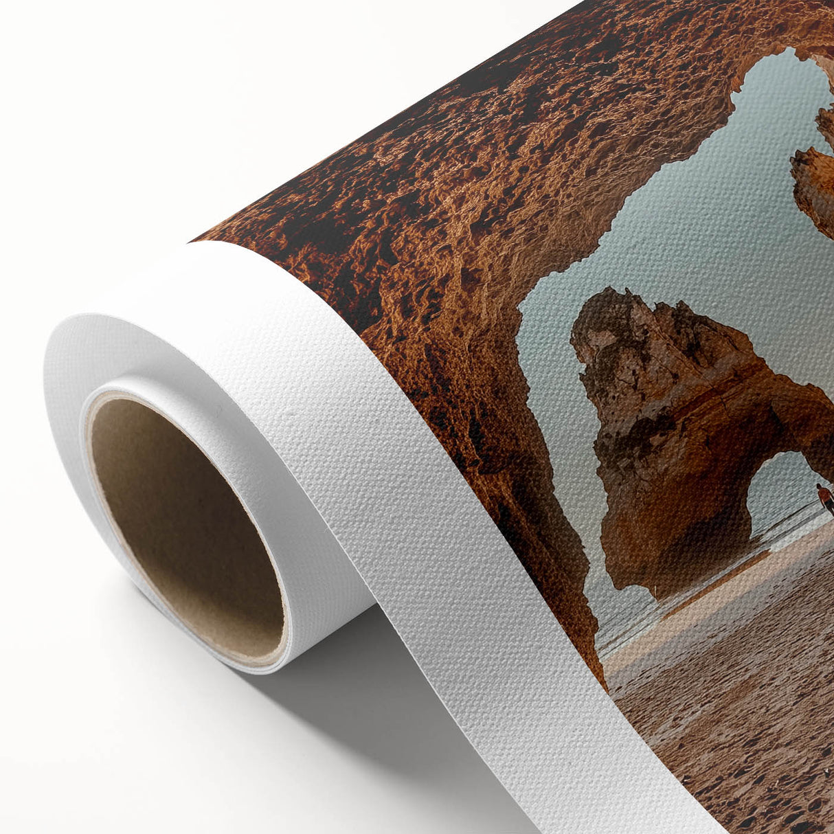 Vibrant rolled canvas artwork showcasing a stunning landscape scene with caves, featuring rich colors and intricate details, ideal for home decor.