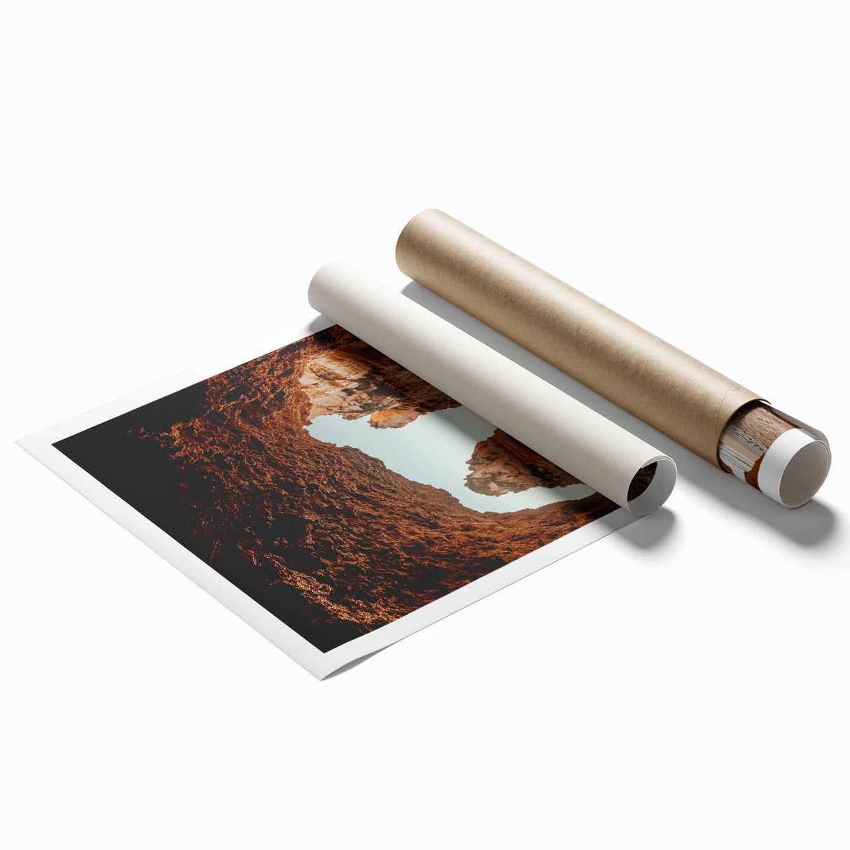 Stunning rolled print showcasing a vibrant landscape with intricate cave formations, beautifully presented in a protective cardboard tube, perfect for home decor.