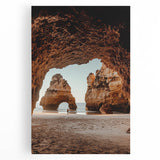 Stretched canvas artwork depicting a serene landscape with caves, featuring earthy tones and intricate details, perfect for home decor or art enthusiasts.