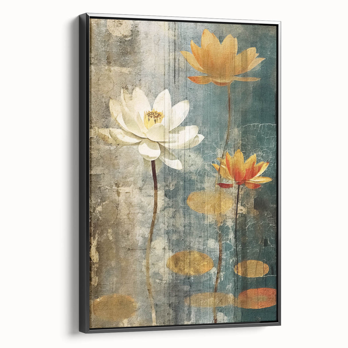 Framed canvas wall art showcasing abstract floral designs in soft pinks, greens, and blues, displayed against a sleek black frame, perfect for modern decor.