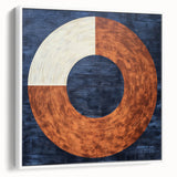 Abstract geometric framed canvas artwork showcasing a modern design with bold shapes and a crisp white frame, ideal for contemporary home decor.