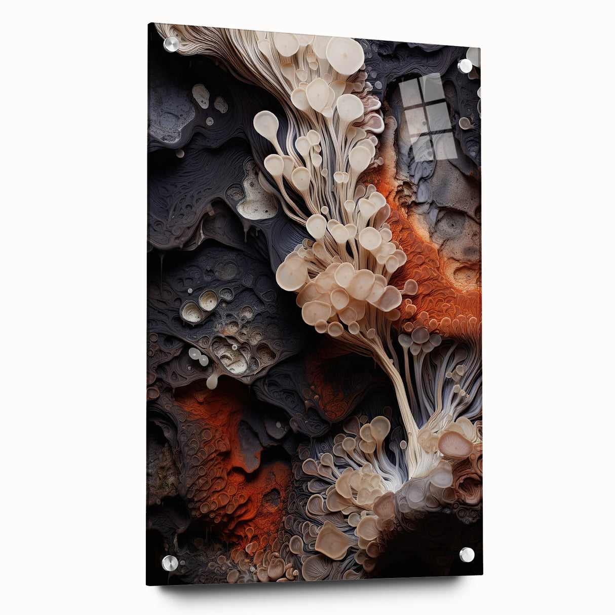 Large abstract wall art on acrylic glass featuring swirling blue and gray tones, suitable for bedroom or dining room decor.