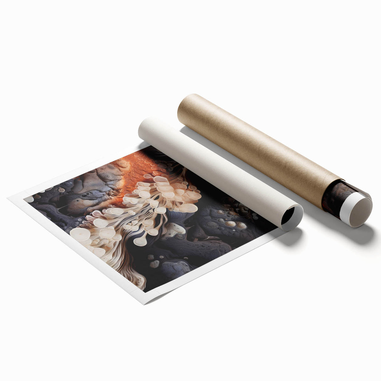 Extra large rolled print of close-up floral elements in natural tones.
