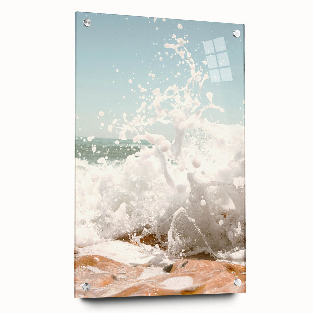 Large abstract wall art on acrylic glass featuring swirling blue and white patterns.