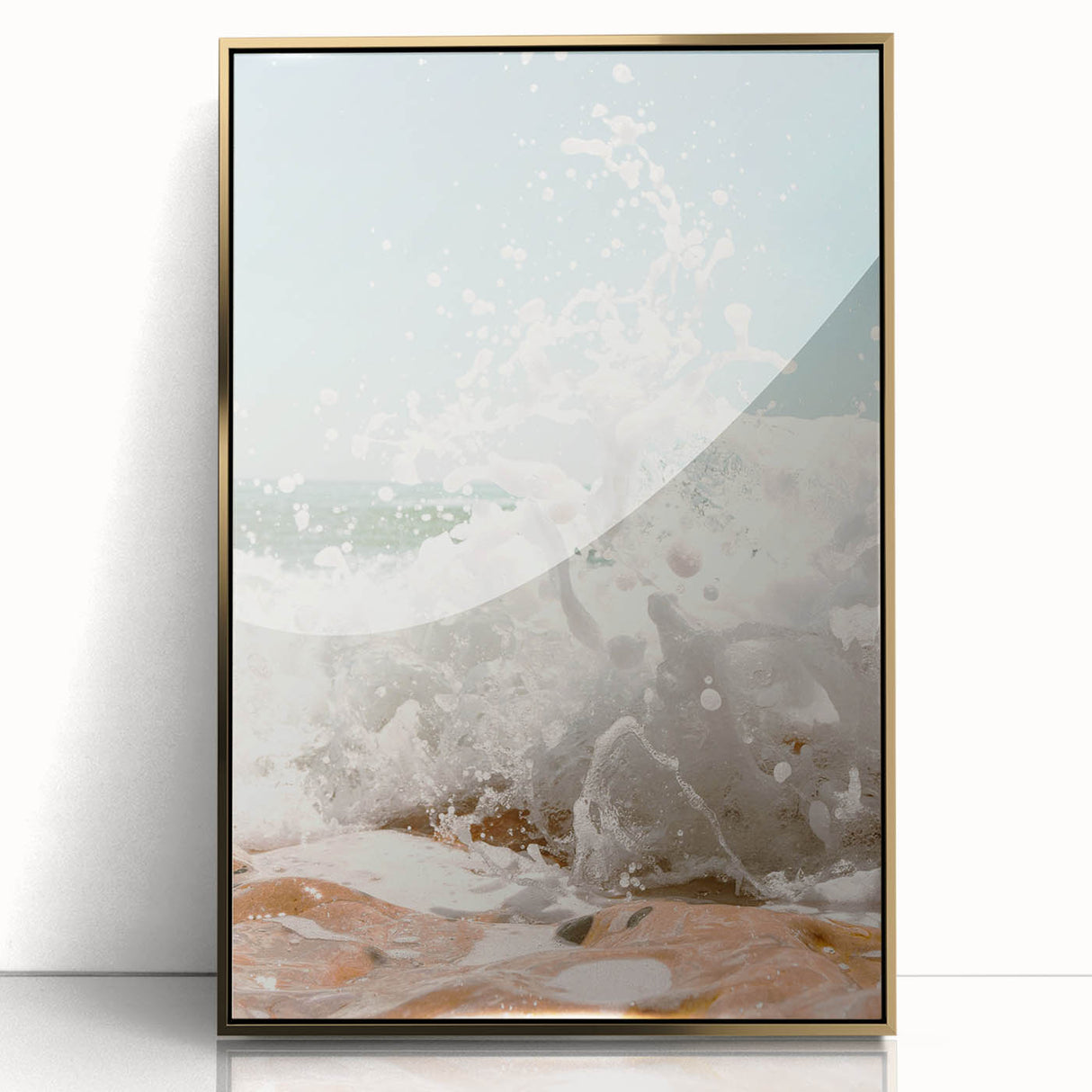 Mid-century modernist art depicting summer season in bold gold tones on a framed acrylic, suitable for modern art wall decor.