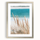 Textured abstract art print in muted blue and gray tones on a framed canvas, suitable for bedroom art.