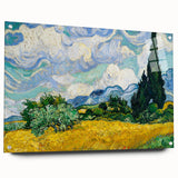 Acrylic print of a Van Gogh-inspired abstract artwork in blues and yellows, suitable for bedroom or dining room decor.