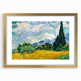 Abstract art print featuring swirling blue and yellow patterns, framed in gold, ideal for dining room decor.