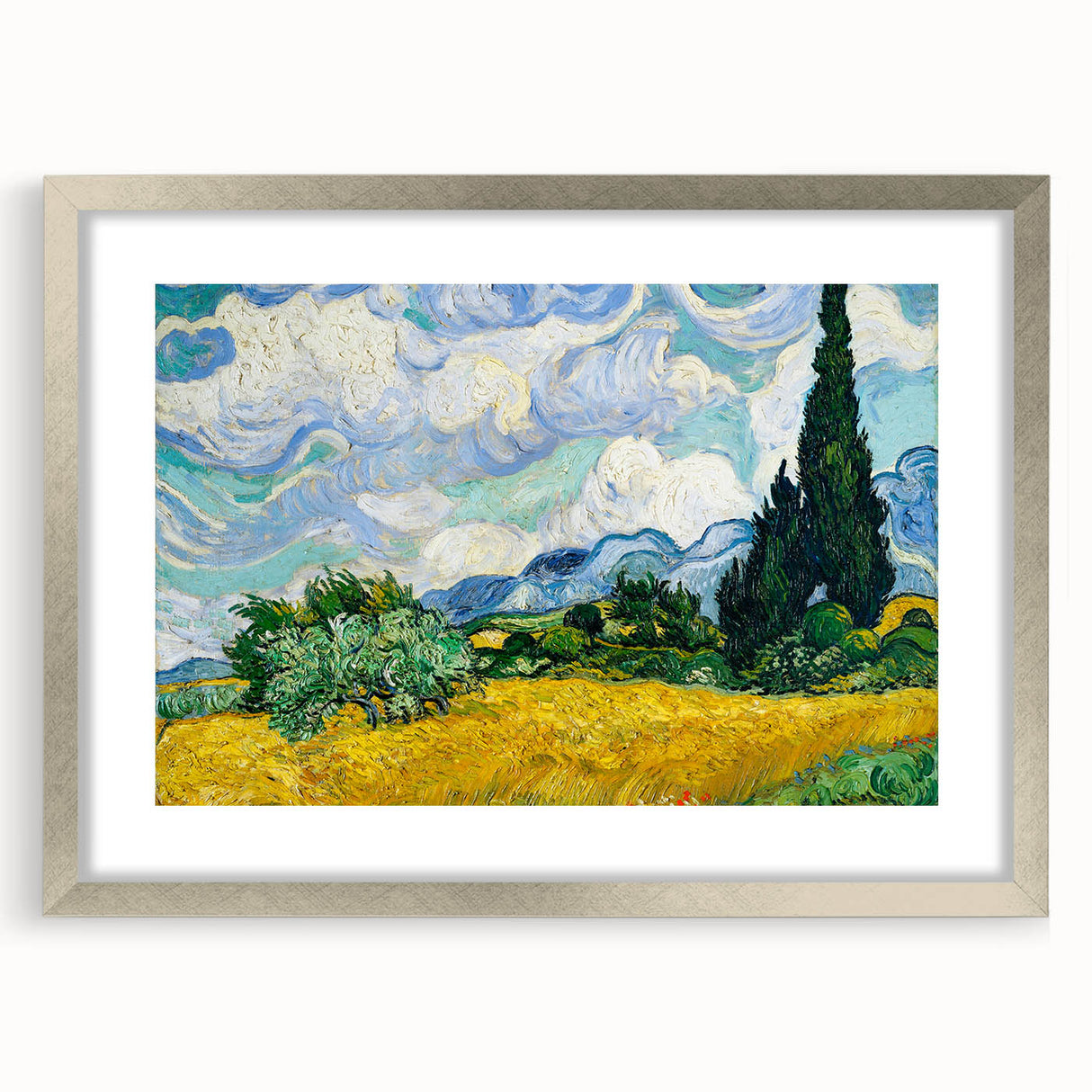 Extra large abstract art print featuring textured swirls in vibrant blue and yellow on a framed canvas.