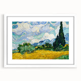 Textured abstract art print in soft blue and cream tones on a framed white canvas, suitable for bedroom decor.