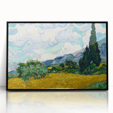 Large abstract wall art featuring swirling blue and yellow patterns on a black acrylic framed print.