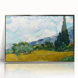 Large art print of a Van Gogh-inspired scene in a silver framed acrylic, featuring bold mid-century modernist colors.