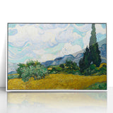 Mid-century modernist art depicting a stylized landscape in muted earth tones on a framed acrylic print.
