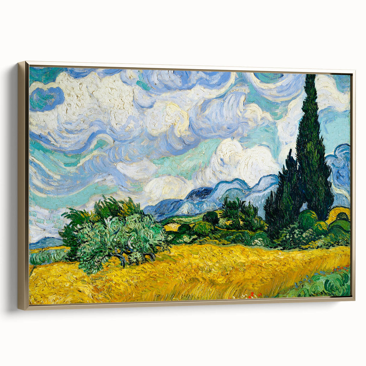 Vintage poster art of a landscape painting on a framed canvas, featuring a black and gold color scheme.