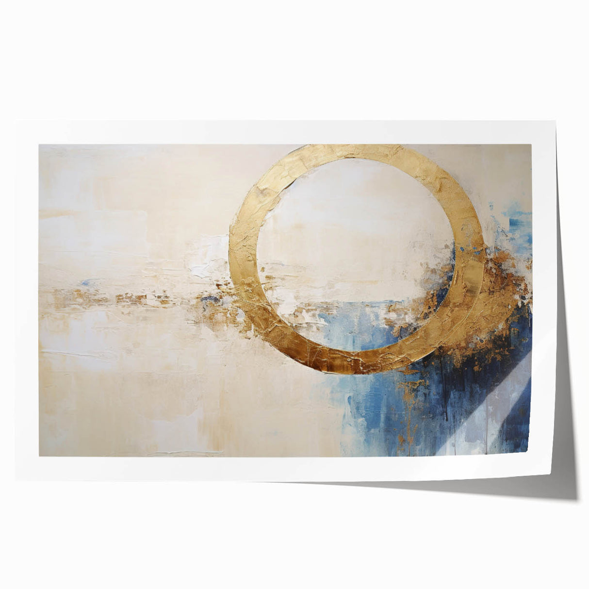 Abstract wall art print showcasing vibrant strokes in shades of blue, orange, and yellow, rolled for easy shipping and display, perfect for modern decor.