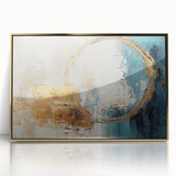 Framed abstract wall art featuring colorful strokes in gold, blue, and pink colors, perfect for modern home decor. Ideal for enhancing living spaces with artistic flair.