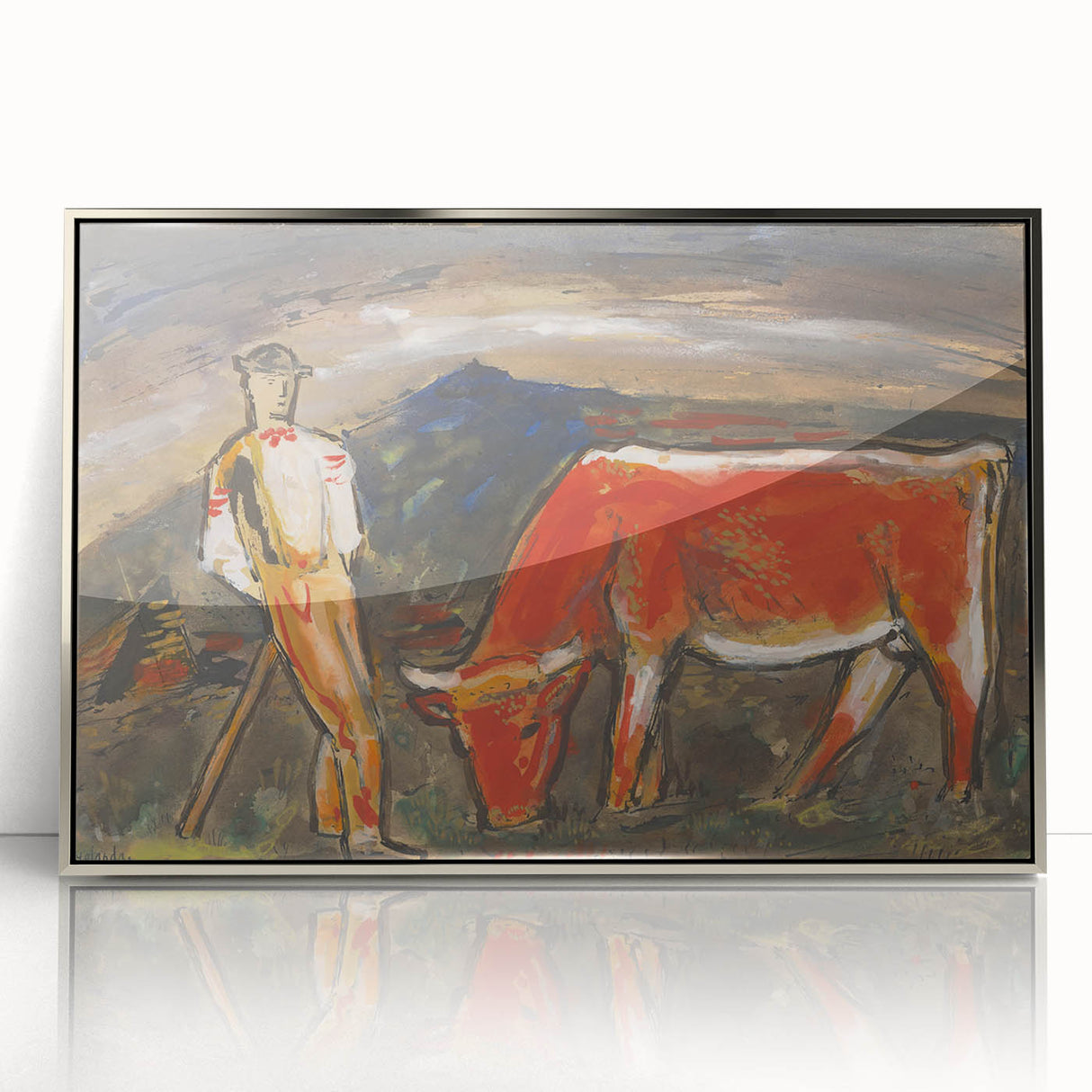 Shepherd with Grazing Cow" by Mikuláš Galanda - Rustic Pastoral Scene