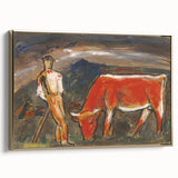 Shepherd with Grazing Cow" by Mikuláš Galanda - Rustic Pastoral Scene