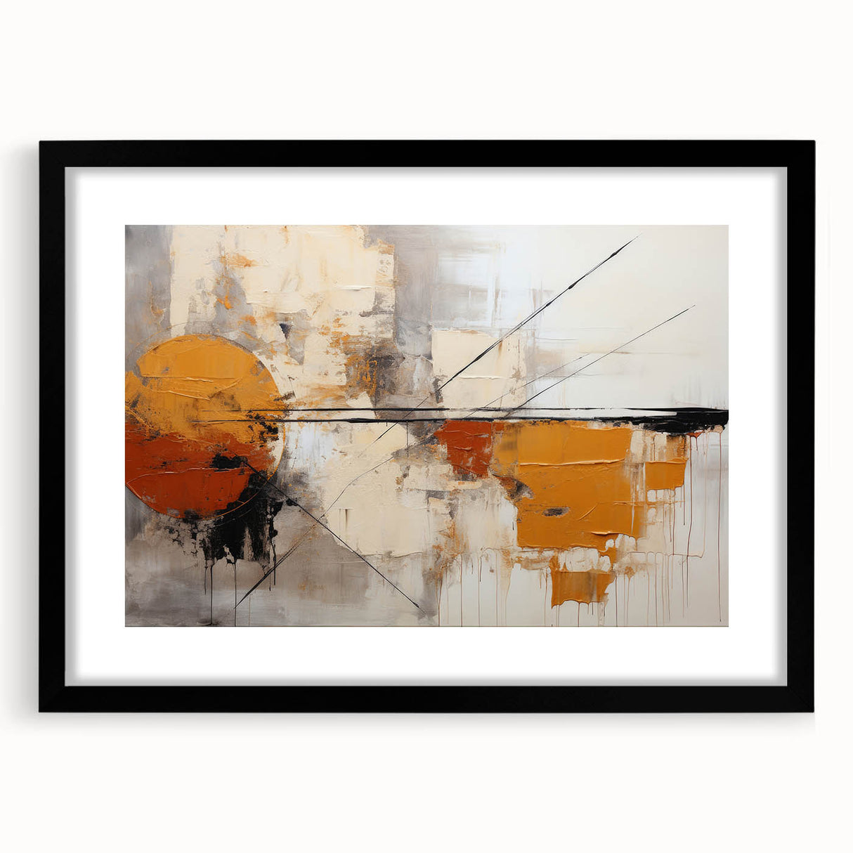 Abstract strokes wall art framed in black with a mat, showcasing vibrant colors and fluid designs, perfect for modern home decor or office spaces.