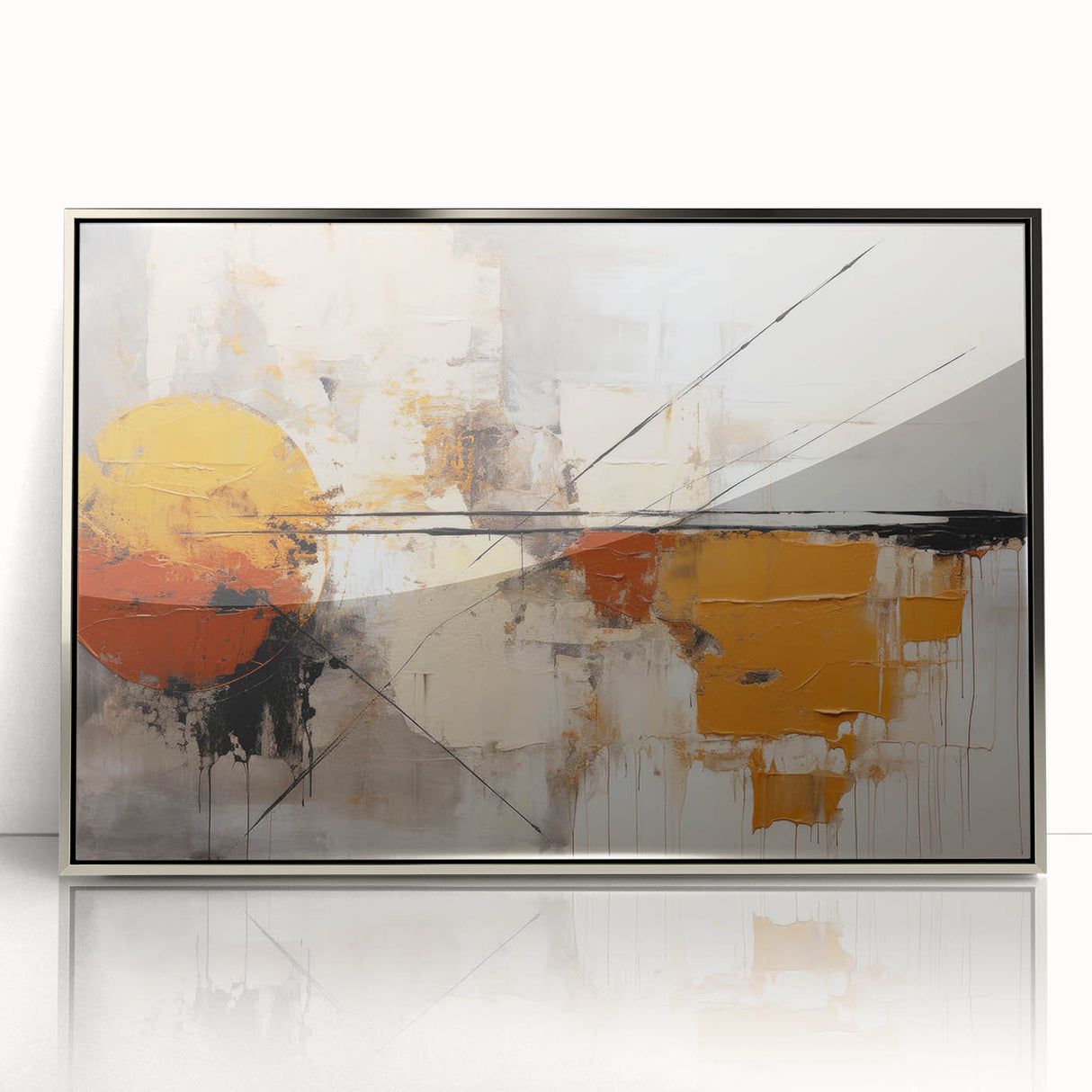 Framed abstract wall art featuring dynamic silver strokes on a textured background, perfect for modern home decor, enhancing any living space with elegance.