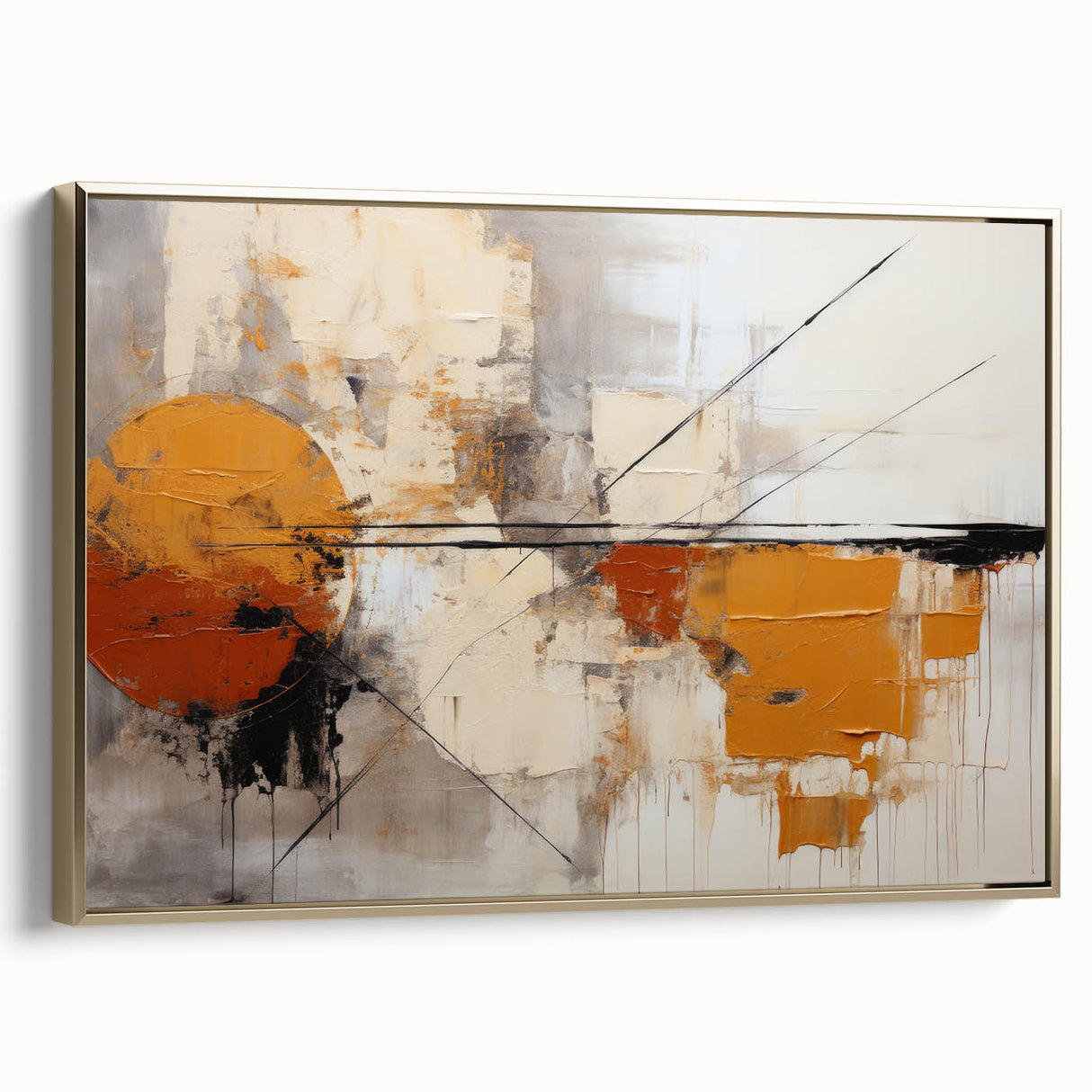 Framed canvas wall art showcasing abstract gold strokes on a textured background, perfect for enhancing modern decor with an artistic touch.