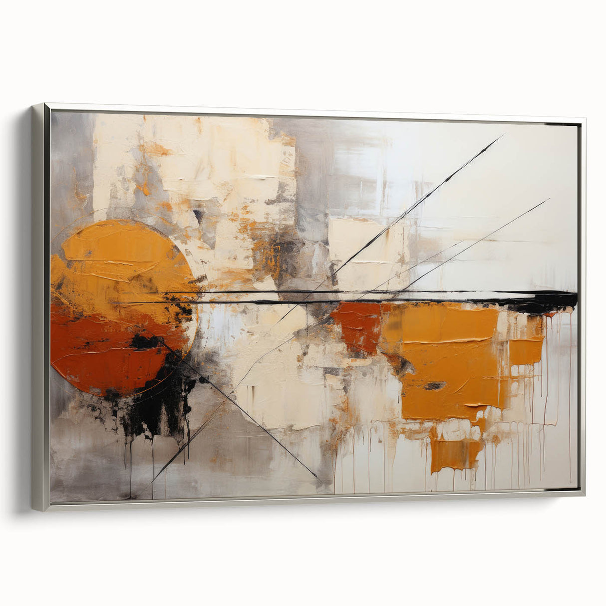 Framed abstract strokes wall art on canvas showcasing elegant silver accents, viewed from the side, perfect for modern interior decor and artistic expression.