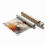 Abstract wall art print featuring vibrant strokes in shades of blue, yellow, and pink, rolled and ready for display, highlighting modern artistic expression.