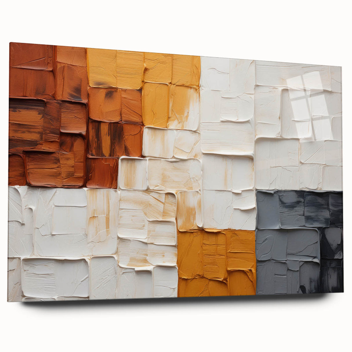 Abstract wall art featuring colorful strokes in blue, orange, and green, displayed in a sleek acrylic frame, showcasing modern design aesthetics for contemporary home decor.